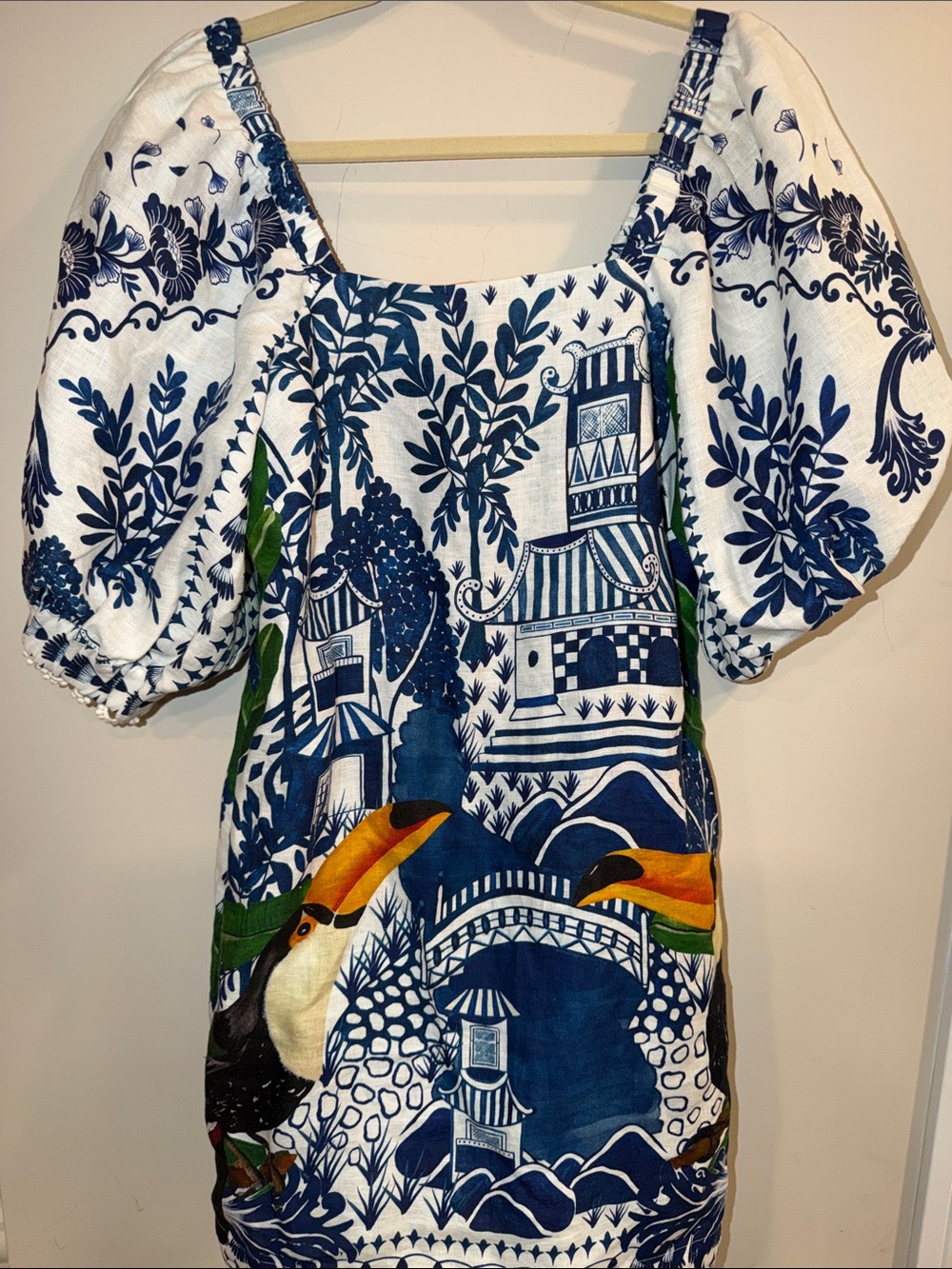 FARM Rio White & Navy Tropical Toucan Puff-Sleeve Dress